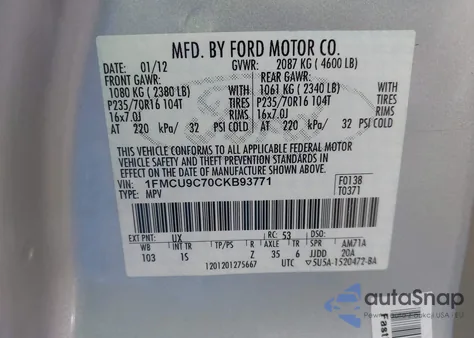 2012 Ford Escape Xls from USA, damaged, VIN 1FMCU9C70CKB93771